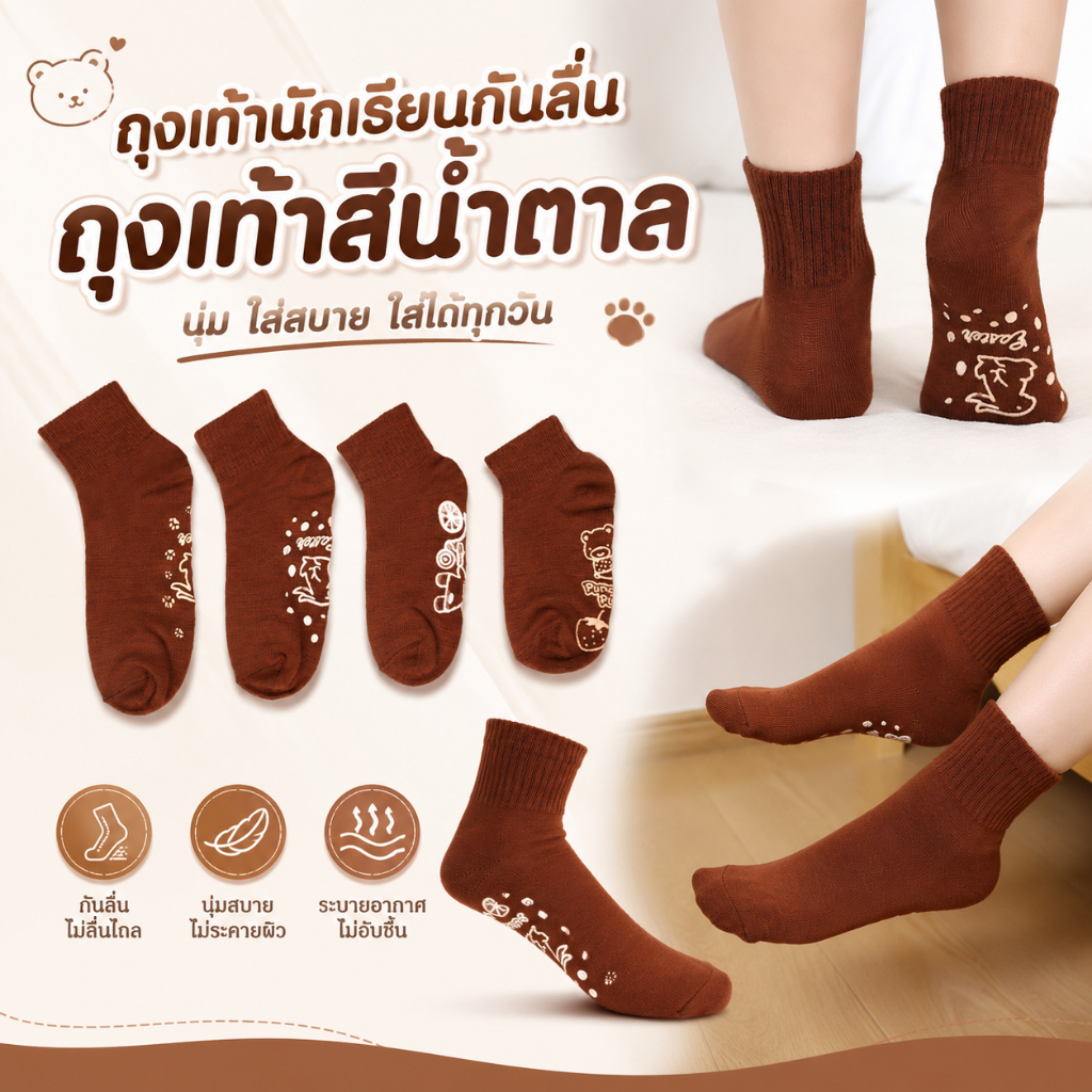 ถุงเท้าเด็กกันลื่นสีน้ำตาล ลายหมี ข้อสั้น ปุ่มยางกันลื่น ใส่นุ่มสบาย กันลื่นเต็มฝ่าเท้า สำหรับเด็ก