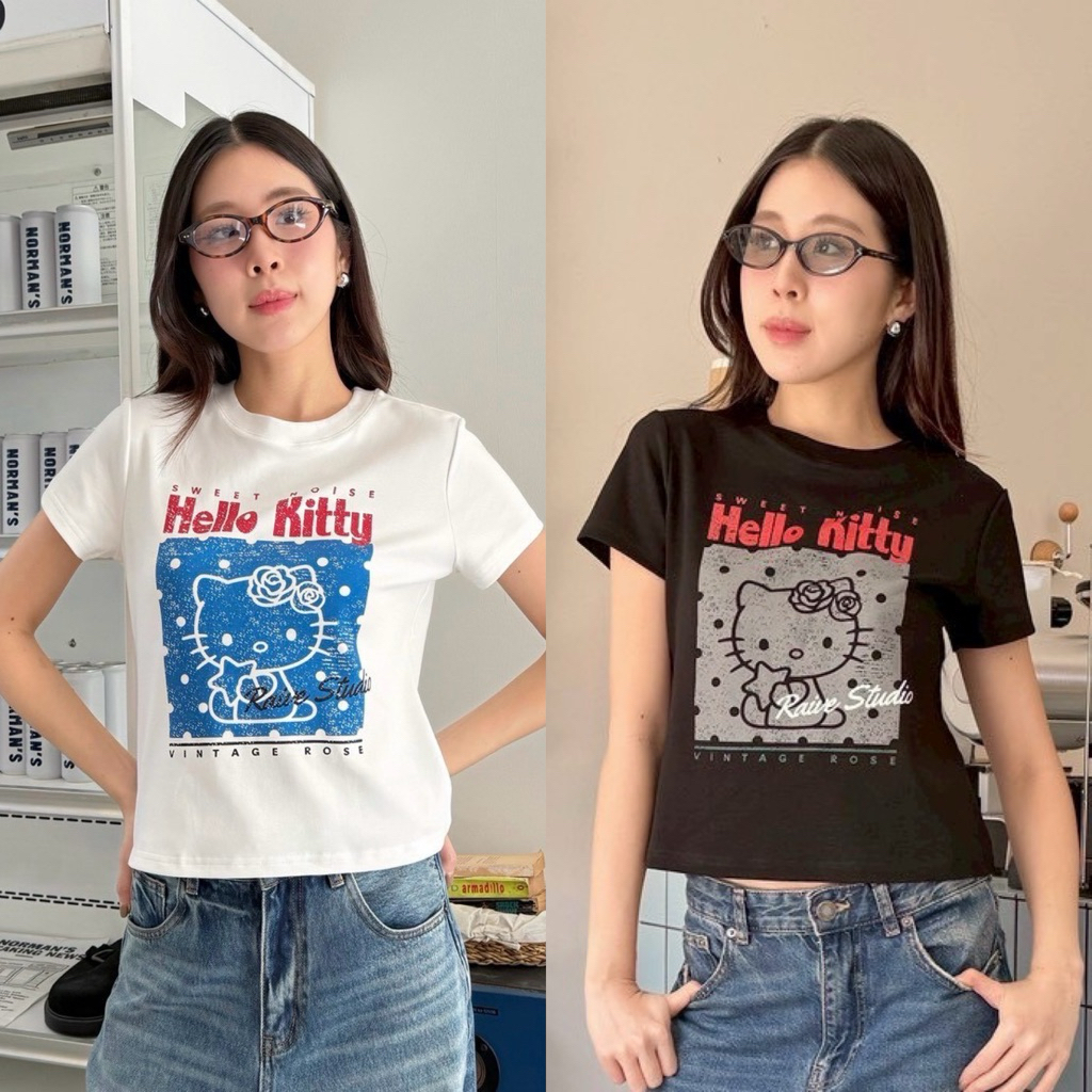 Kitty baby tee  เสื้อยืดคอกลมทรงเบบี้ที ป้ายวาเลน