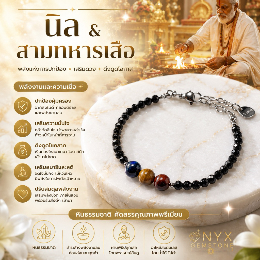 นิล & ไทเกอร์อาย Black Spinel - Tiger Eye สร้อยข้อมือ หินนำโชค สร้อยแขน กำไลข้อมือ ผ่านพิธี ปลุกเสก ของแท้