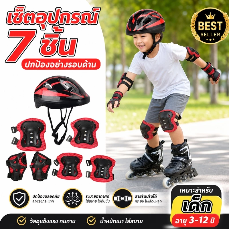 ชุดอุปกรณ์ป้องกันเด็ก 7 ชิ้น ประกอบด้วยหมวกกันน็อค สนับเข่า สำหรับเล่นสเกตบอร์ด สเก็ตน้ำแข็ง จักรยาน
