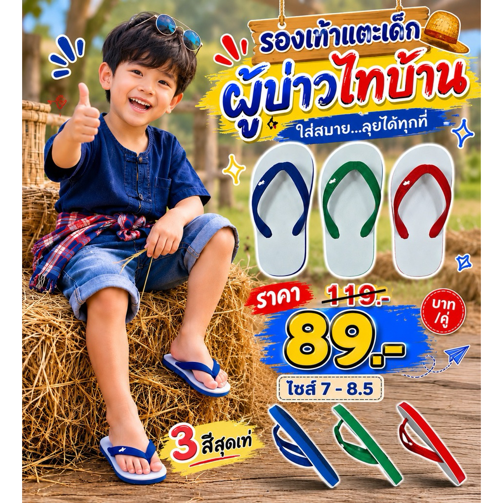 รองเท้าแตะเด็กรุ่นผู้บ่าวไทบ้าน มีให้เลือกทั้งหมด 3 สี สายนุ่มไม่บาดผิว