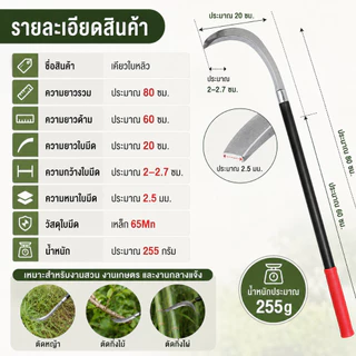 เคียวด้ามยาว 80 ซม. เคียวใบหลิว เหล็ก 65Mn คม 2 ด้าน อเนกประสงค์ ใช้ถางหญ้า ตัดกิ่งไม้ ตัดกิ่งไผ่ งานสวน งานเกษตร