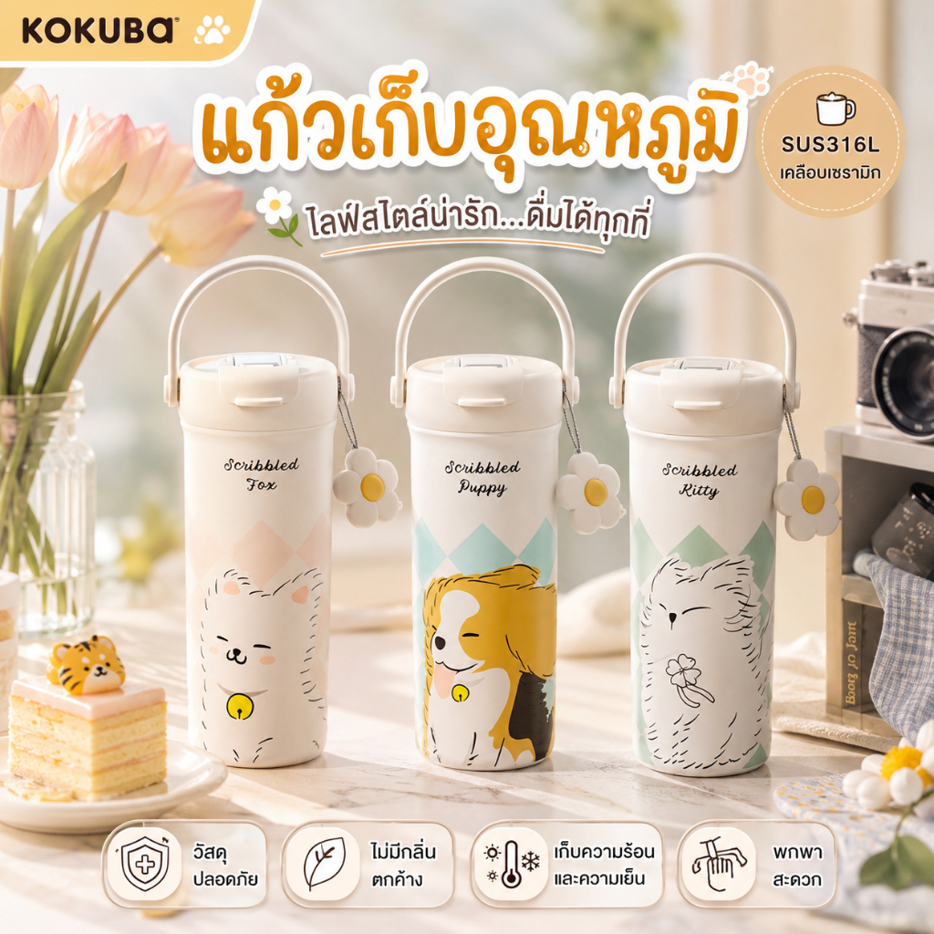 kokuba 550ML กระบอกน้ำเก็บอุณหภูมิ กระติกสุญญากาศเซรามิคไลเนอร์ ชุดภาพวาดลายพิเศษ แก้วเก็บความเย็น
