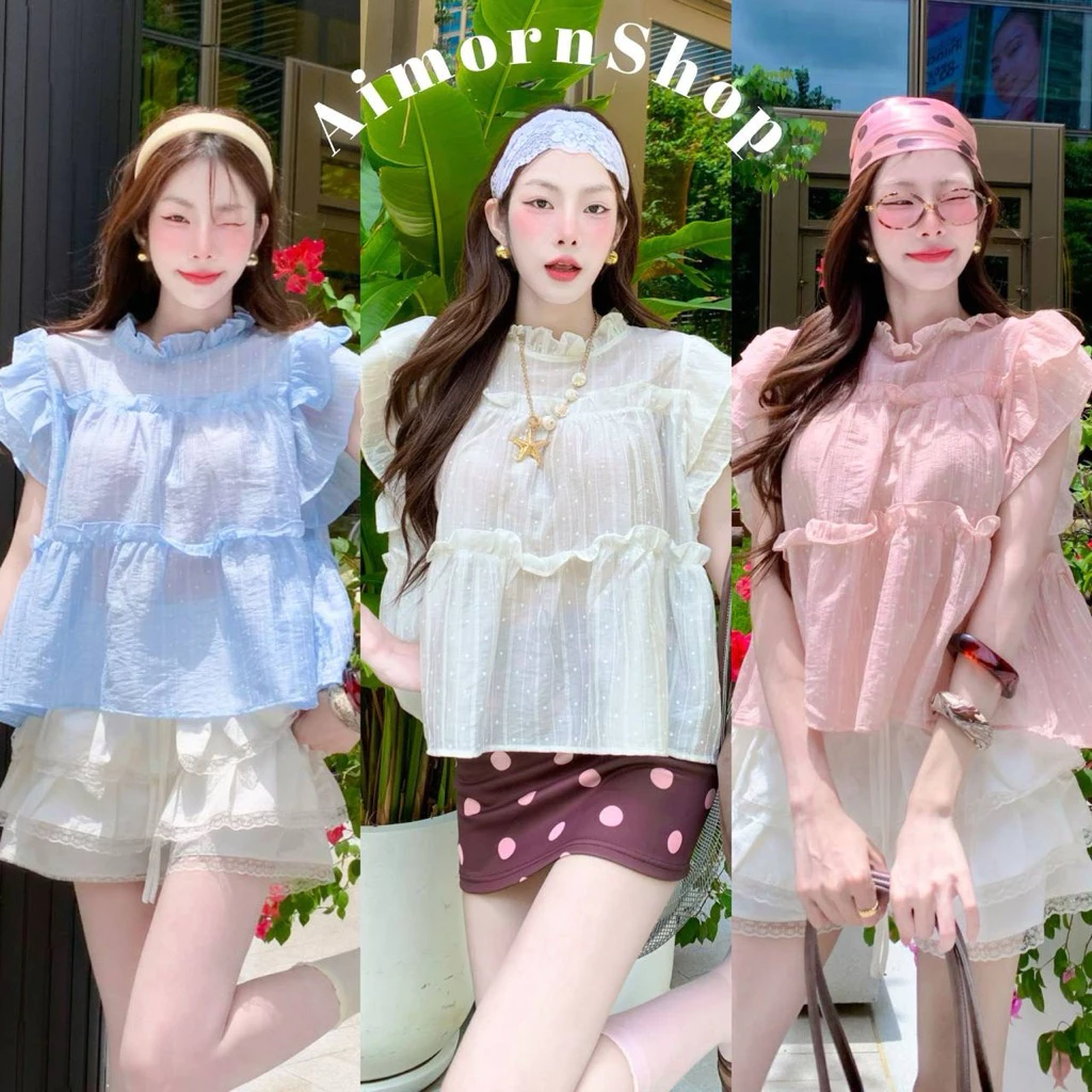 🔥aimorn_shop🔥 เสื้อคอกลม แต่งระบาย มีความฟรุ้งฟริ้งน่ารักมาก ผ้าบางพริ้ว ใส่สบายสุดๆ แมทช์ง่าย
