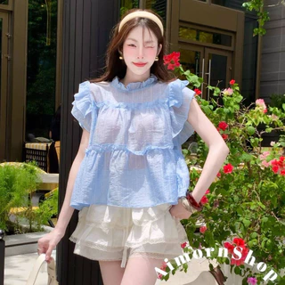 🔥aimorn_shop🔥 เสื้อคอกลม แต่งระบาย มีความฟรุ้งฟริ้งน่ารักมาก ผ้าบางพริ้ว ใส่สบายสุดๆ แมทช์ง่าย
