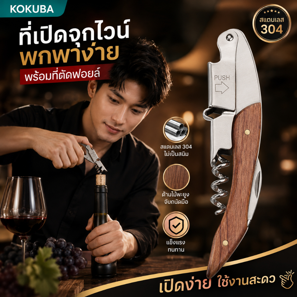 ที่เปิดไวน์ 3in1 ด้ามไม้ พกพาสะดวก มีที่ตัดฟอยล์ เปิดง่าย แข็งแรง ที่เปิดขวดไวน์ Wine Opener Corkscrew