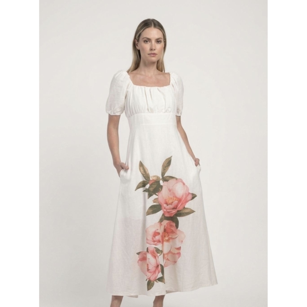 Cynthia Rowley Dress ชุดเดรสยาว สีขาว คอเหลี่ยม แขนตุ๊กตา ผ้าลินินผสม สีครีม ไซส์ EUR44