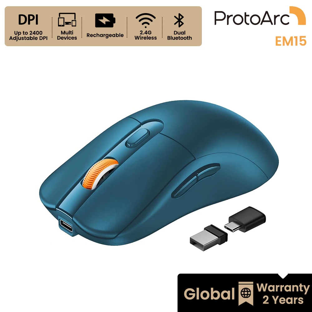 ProtoArc EM15 เมาส์ไร้สาย ออกแบบตามหลักสรีรศาสตร์ ใช้งานสบาย ชาร์จได้ บลูทูธ USB-A/Type-C 3 โหมด สีน้ำเงินแซฟไฟร์ รับประ
