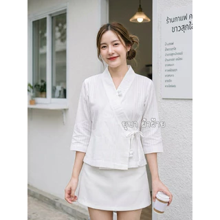 เสื้อป้ายเจ้านางผ้าฝ้ายด็อบบี้แขนสามส่วน