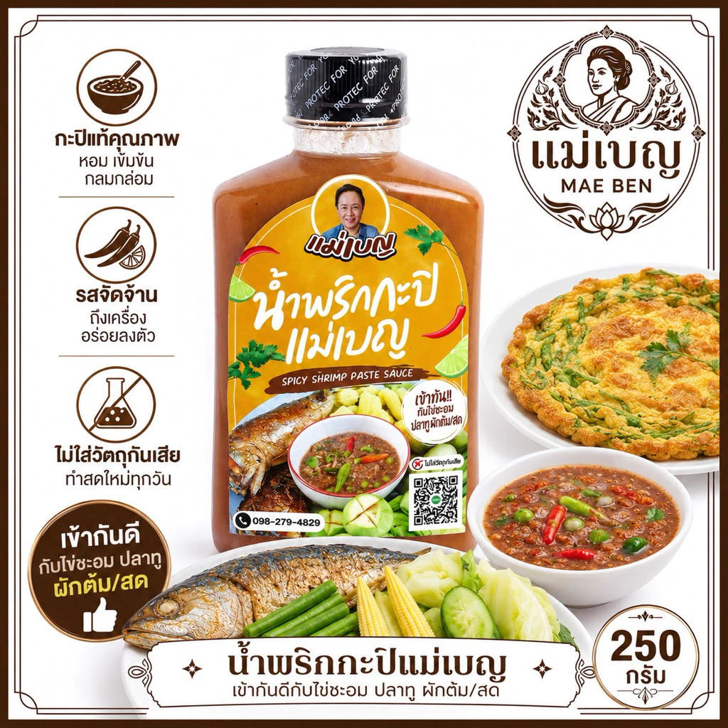 Maeben น้ำพริกกะปิ 250 มล. ไม่ใส่สารกันบูด พร้อมทาน รสเข้มข้น ทานคู่ปลาทู ผักสด และไข่เจียว
