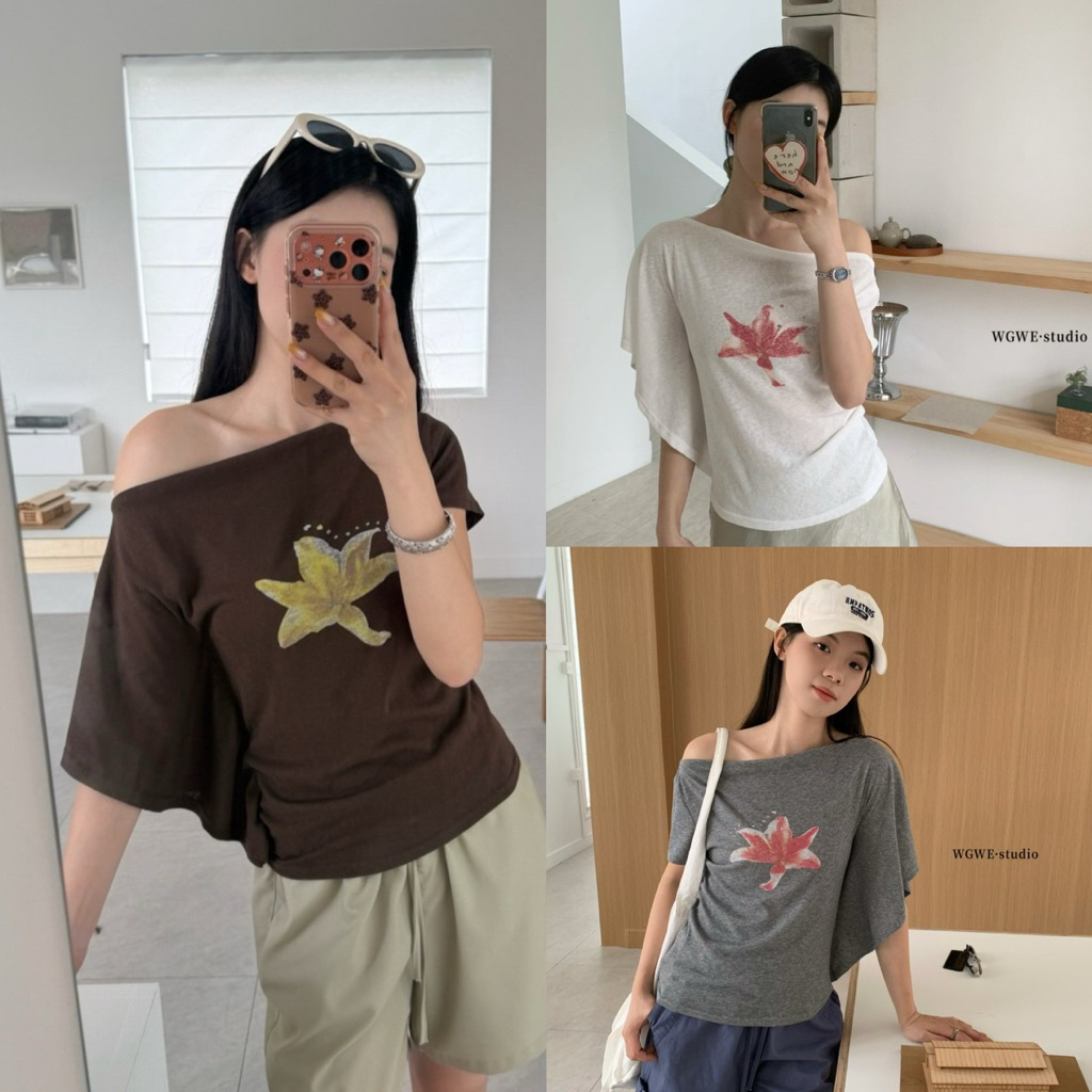 10224# เสื้อคอกว้างแขนสั้น สกรีนลายช่วงอก เนื้อผ้าดี ใส่สบาย TAG:WG.WE