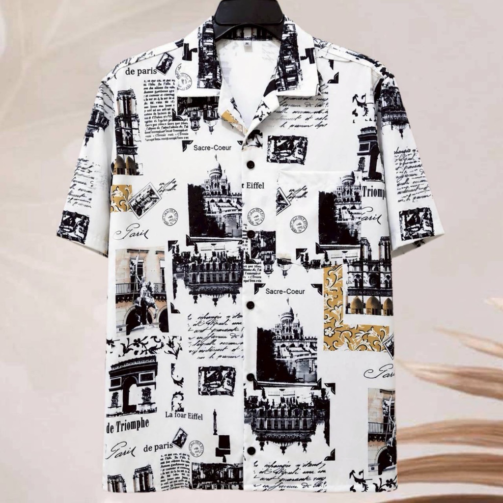 เสื้อเชิ้ตฮาวาย ลายวินเทจปารีส (พื้นสีขาว) ผ้าไหมอิตาลี