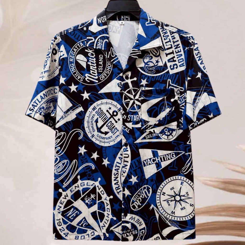 เสื้อเชิ้ตฮาวาย ลายสมอเรือเข็มทิศ (พื้นสีกรม) ผ้าไหมอิตาลี