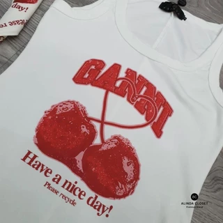 𝘼𝙇𝙄𝙉𝘿𝘼 𝘾𝙇𝙊𝙎𝙀𝙏 ᯓ ★ชุดเซ็ต 3 ชิ้น เสื้อกล้ามสกรีนลายเชอร์รี่+กางเกงยีนส์ฟอกสีดำลายจุดทรงบาร์เรล+ผ้าสคราฟ