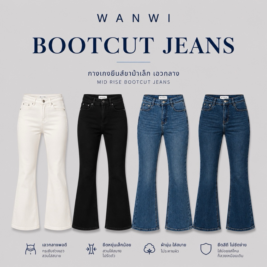WANWI ยีนส์ รหัส J01 กางเกงยีนส์ขาม้าเอวกลางผ้ายืด 360 องศา Bootcut jeans