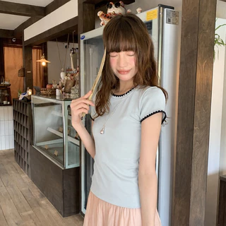 Hotgirl พร้อมส่ง เสื้อยืดแขนสั้นผู้หญิง เสื้อยืดเข้ารูป S-2XL เดินเส้นด้ายตัดคู่สี เนื้อผ้านุ่ม สบายผิว