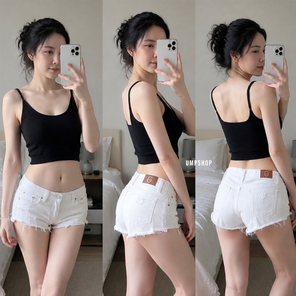 UMPSHOP กางเกงยีนส์ขาสั้นเอวต่ำสีขาว Sexy White Denim แต่งขาดสุดเซ็กซี่ ผ้าไม่ยืด