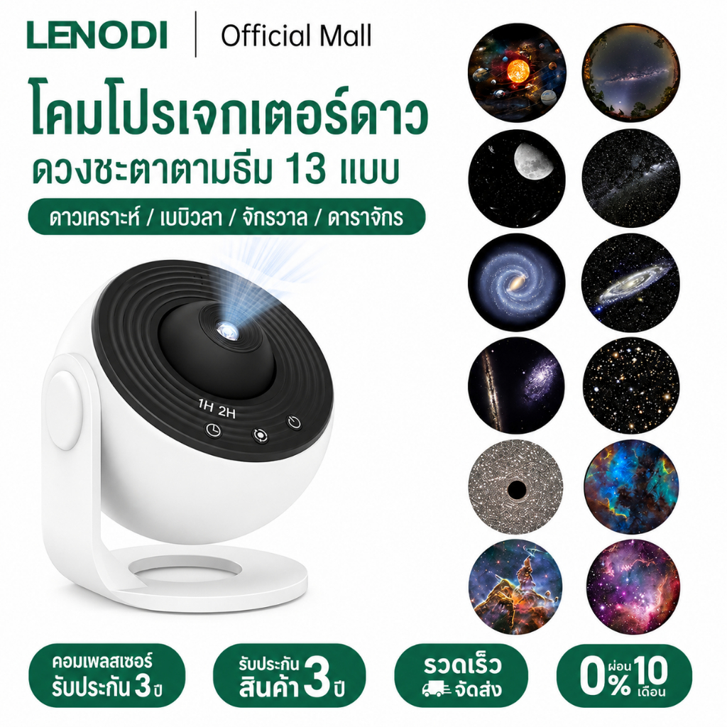 LENODI โปรเจคเตอร์ กาแล็กซี่ 13ใน1เครื่องฉายรูปดาว 360° กาแล็กซี่ท้องฟ้าจำลองโปรเจคเตอร์สำหรับห้องนอน