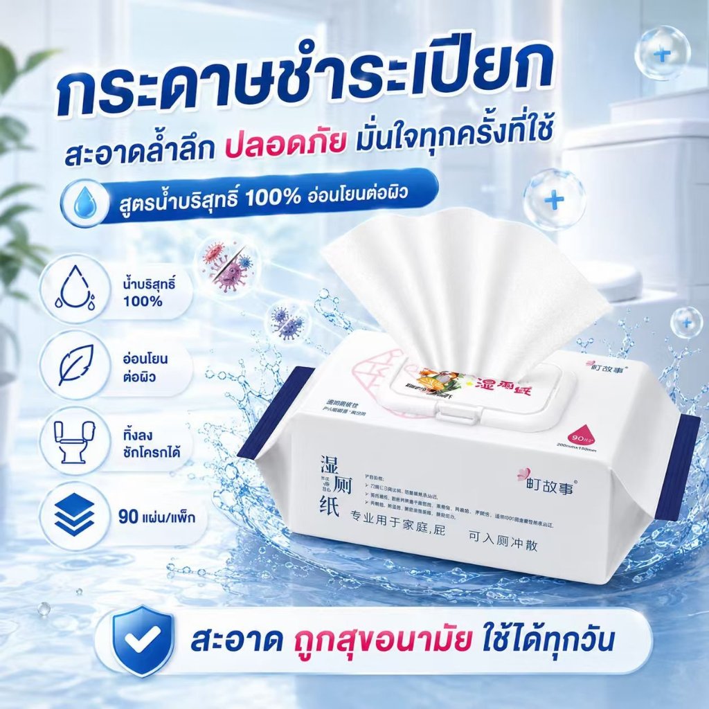 ทิชชู่เปียกชำระสูตรน้ำบริสุทธิ์ 90 แผ่น เนื้อนุ่ม เช็ดสะอาด ละลายน้ำง่าย ทิ้งลงชักโครกได้