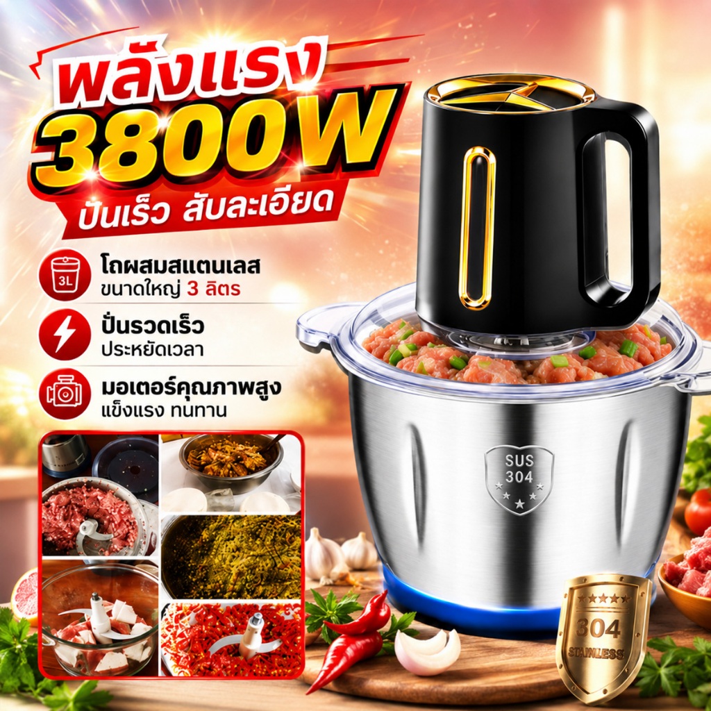 🏆รับประกัน 5ปี🏆เครื่องบดเนื้อ 3800W สแตนเลส 304 / 3 เกียร์ บดละเอียดมาก เครื่องบดเนื้อไฟฟ้า เครื่องบดอาหาร เครื่องบดหมู