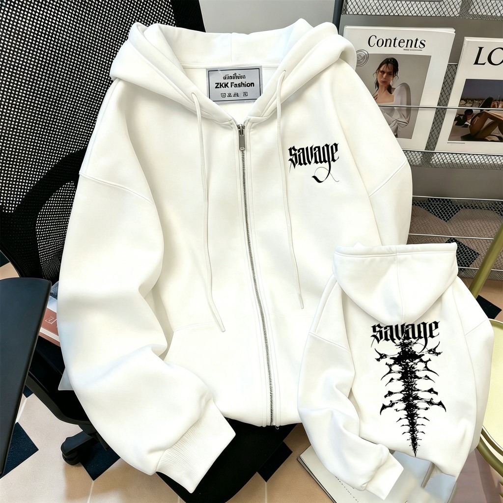 เสื้อฮู้ดซิปผู้หญิง ลายกราฟฟิกพิมพ์หน้า-หลัง