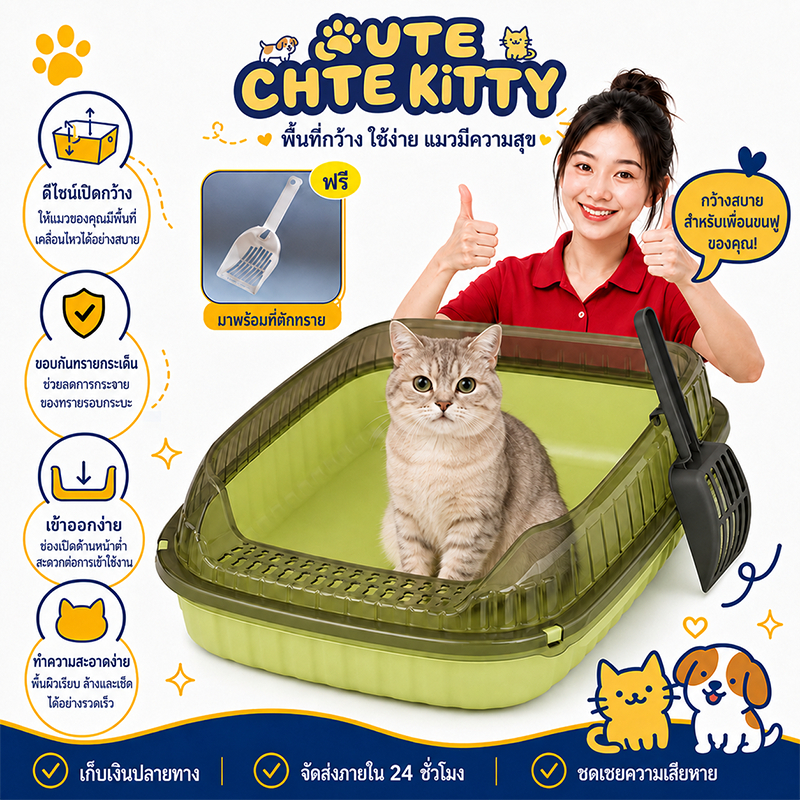 ถาดทรายแมว cat litter box ขอบสูงกันกระเด็น วัสดุ PP กล่องทรายกึ่งเปิด กระบะทรายแมวขนาดใหญ่ ห้องน้ำแมว ห้องน้ำแมวตัวใหญ่