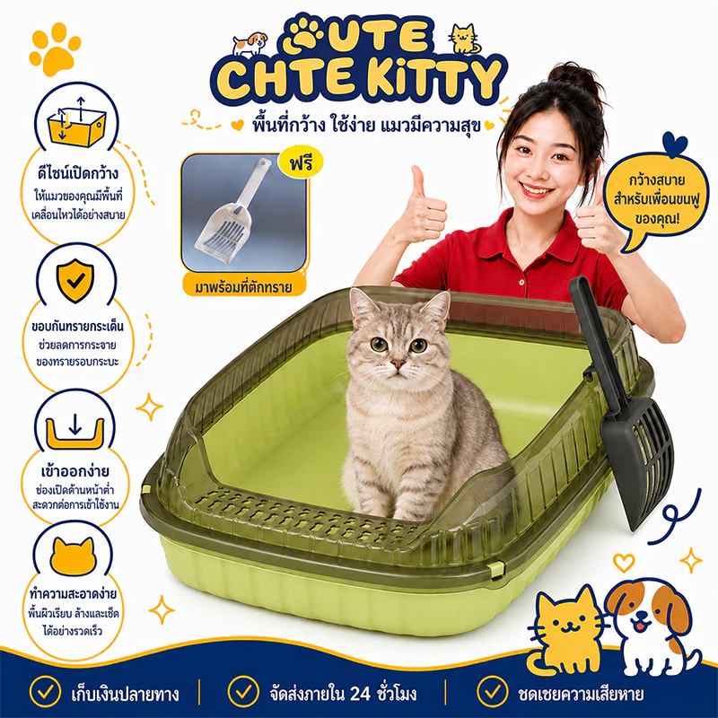 ถาดทรายแมว cat litter box ขอบสูงกันกระเด็น วัสดุ PP กล่องทรายกึ่งเปิด กระบะทรายแมวขนาดใหญ่ ห้องน้ำแมว ห้องน้ำแมวตัวใหญ่