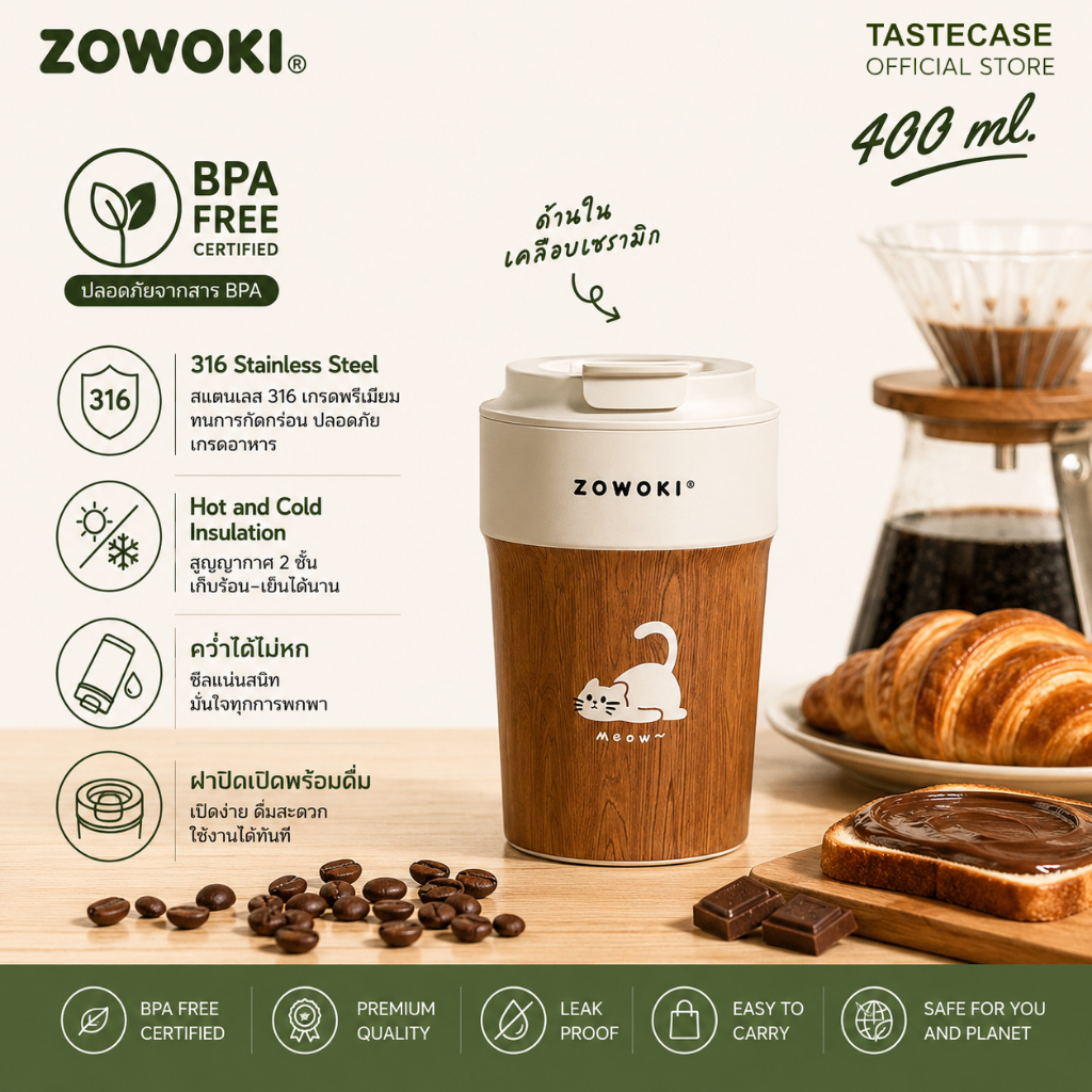 ZOWOKI MKB-400 ml. แก้วกาแฟ 316 Stainless Steel เคลือบเซรามิก BPA FREE เก็บร้อนเย็น ฝาเปิดดื่ม Leak Proof