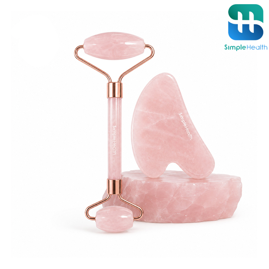 Simple health หินกัวซา กัวซาหินธรรมชาติ 100% ชุด 2 ชิ้น Roller Gua Sha ลูกกลิ้งนวดหน้า กระชับผิว ลดบวม