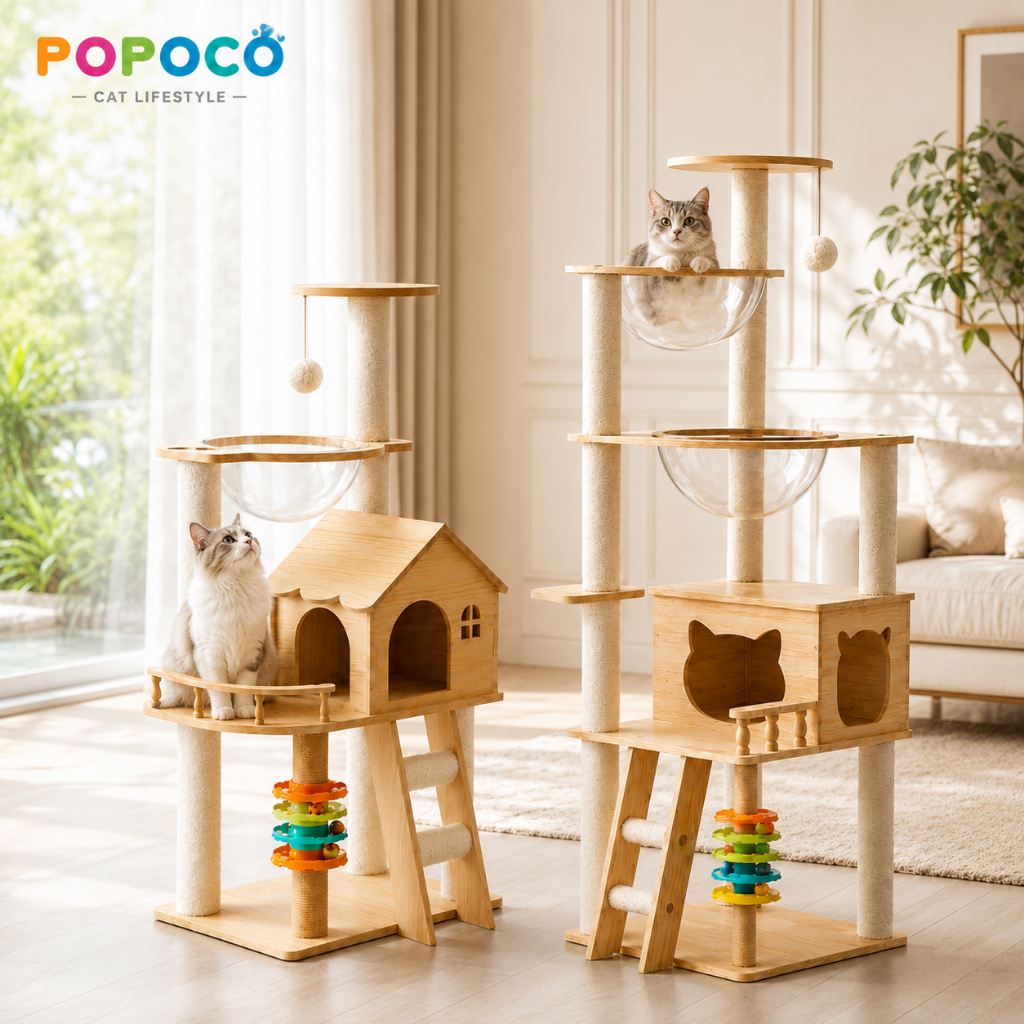 【POPOCO】คอนโดแมวไม้ คอนโดแมวมินิมอล บ้านแมว หลุมอะคริลิกใส เสาลับเล็บ Cat Tree Cat Condo