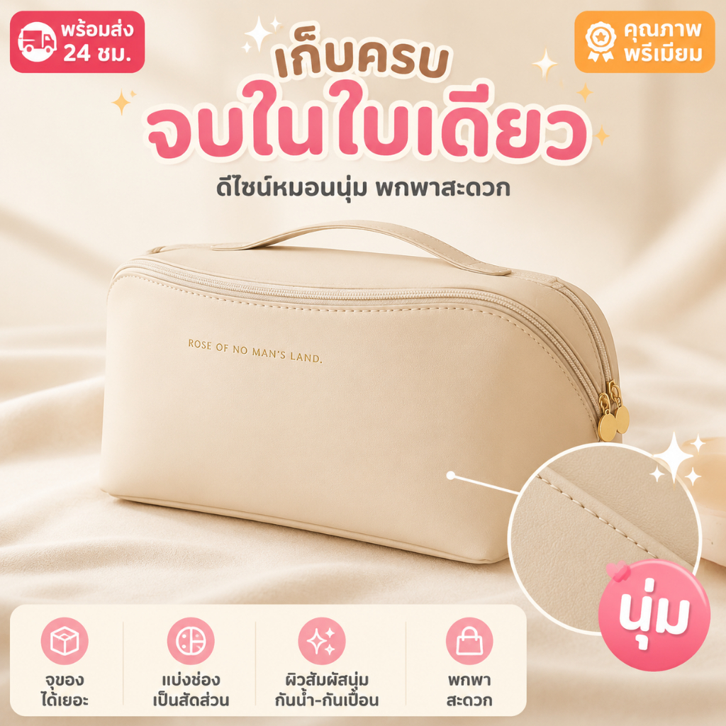 พร้อมส่งในไทย กระเป๋าล้างแบบพกพากระเป๋าเก็บหนังพกพา PU, กระเป๋าจัดแต่งหน้ากันน้ำ