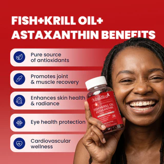 Mulittea astaxanthin+น้ำมันปลา+น้ำมันคริลล์ สารต้านอนุมูลอิสระ บำรุงข้อต่อ กล้ามเนื้อ ผิวหนัง ตา และหลอดเลือด 120 ชิ้น