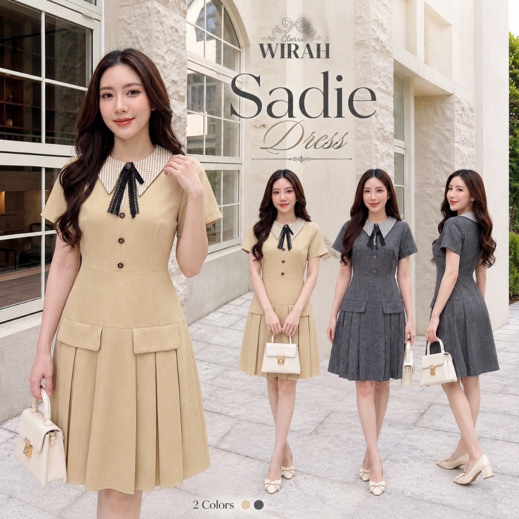 DW486 Sadie Dressชุดเดรสสั้นทรงเข้ารูป ผ้าทอทวิต ปกบัวแหลมผ้าลายสก๊อต พร้อมเข็มกลัดโบว์ แต่งกระดุมหน้า เสื้อแขนสั้