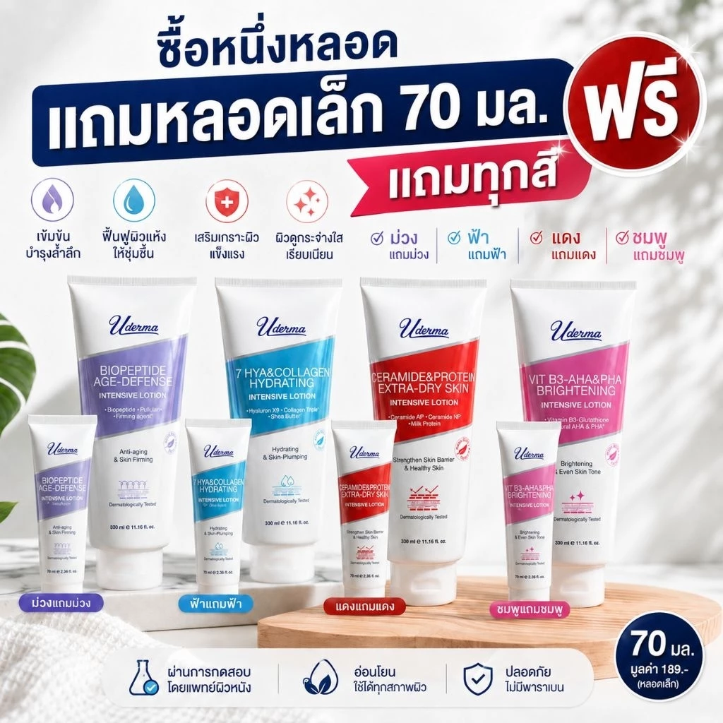 แถมฟรี 70 ml Uderma Intensive Lotion โลชั่นสูตรเข้มข้น 4 สูตรตอบโจทย์ทุกปัญหาผิวกายที่แตกต่าง 330 มล