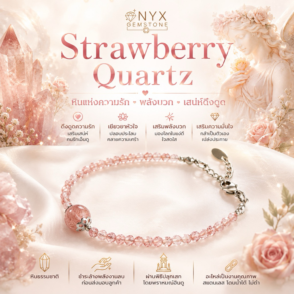 สร้อยข้อมือ สตอเบอรี่ควอตซ์ strawberry quart หินนำโชค กำไล สร้อย สแตนเลส ผ่านการปลุกเสก แท้