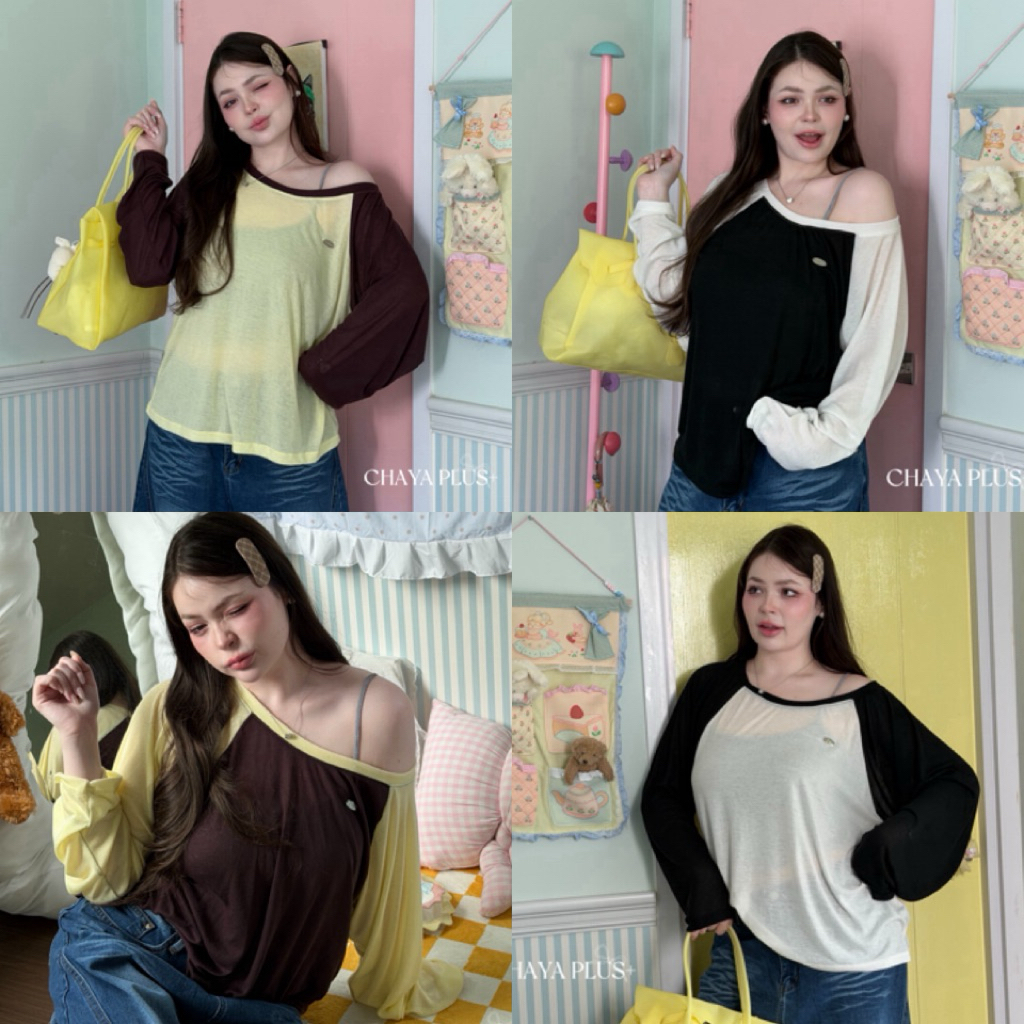 LD เสื้อแขนยาวปาดไหล่ ดีเทลแขนตัดสี แต่งอะไหล่อก ไซส์ใหญ่สาวอวบ