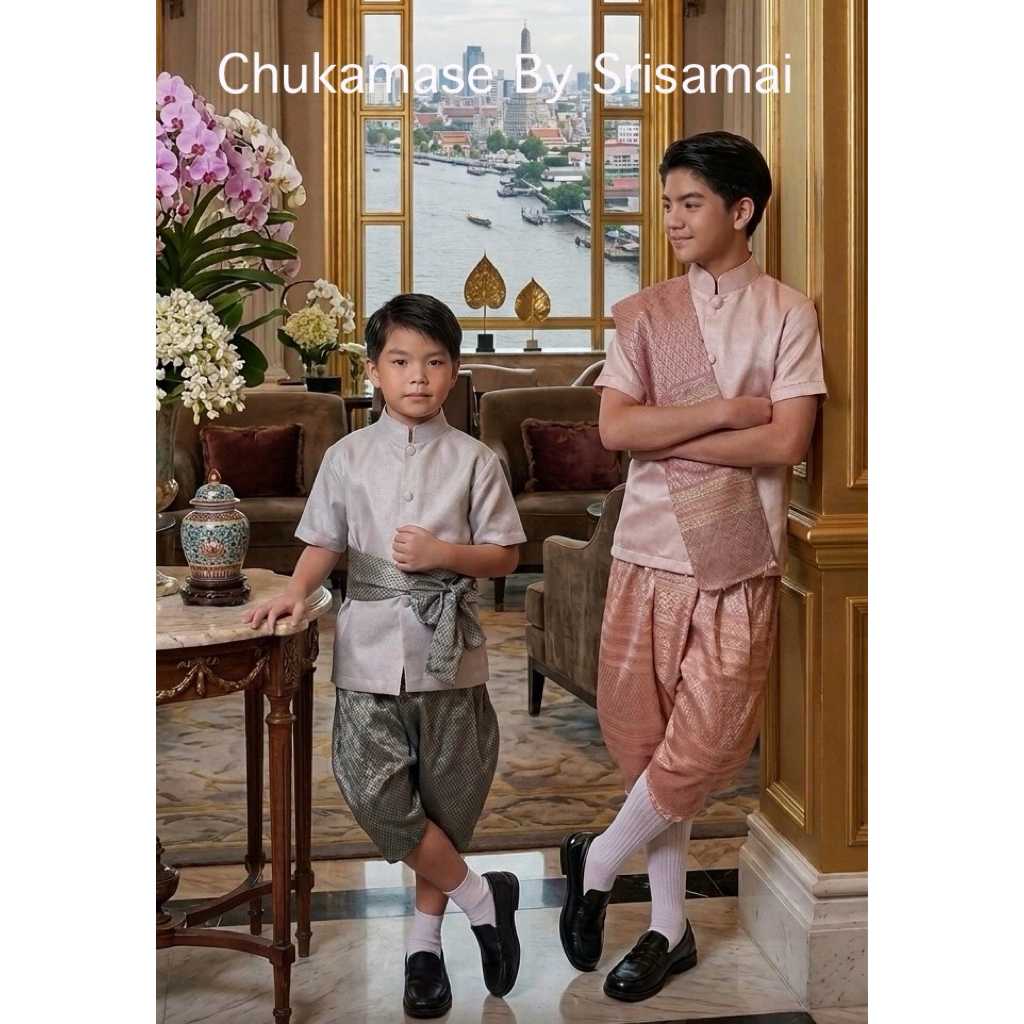 ชุดไทยเด็กผู้ชาย สีชมพูพีช สีเทา สำหรับใส่ไปงานเทศกาล เลือกลายทักแชท สินค้าจัดส่งภายใน 2 วันหลังจากสั่งซื้อค่ะ