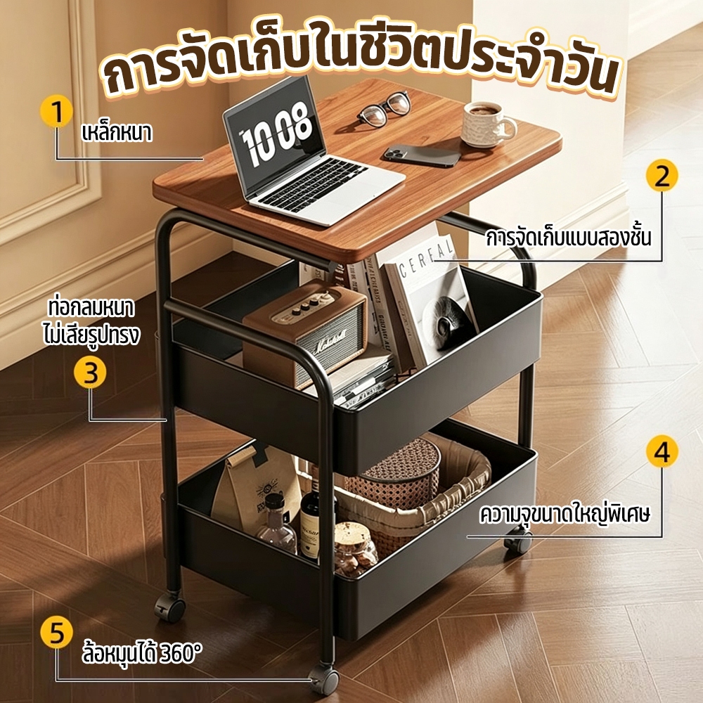 ชั้นวางของ โต๊ะกาแฟ ชั้นวางของรถเข็น 2 ชั้น พร้อมล้อเลื่อน+ที่จับ แข็งแรงกันสนิม สําหรับวางของ มีล้อ เคลื่อนย้ายสะดวก