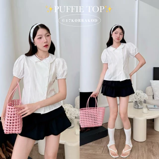 🌻เสื้อเชิ้ตคอบัวแขนตุ๊กตาสไตล์เกาหลี ดีเทลแต่งกระดุมเบี่ยงมีเชือกผูกปรับหลัง ทรงน่ารัก มินิมอล (Tothemoon)