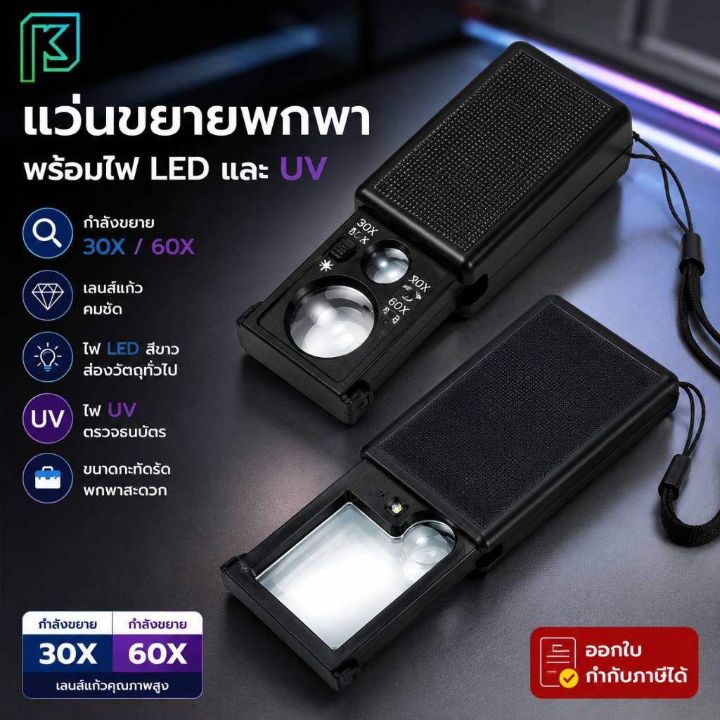 แว่นขยาย พับได แบบพวงกุญแจ กำลังขยาย30x/60x(เท่า) เลนส์ขยายส่องชิ้นงานพร้อมไฟLED #พวงกุญแจแว่นขยาย#แว่นขยายพวงกุญแจ