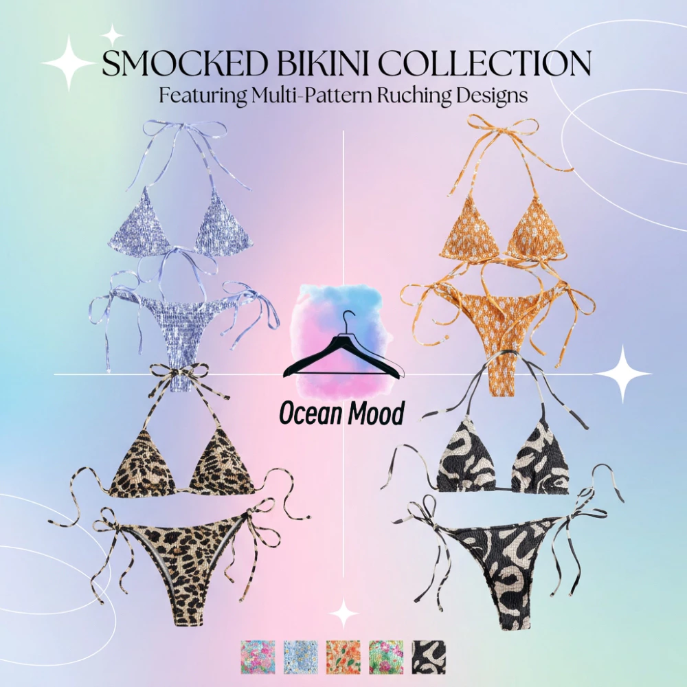 Ocean Mood | Sexy Bikini ชุดว่ายน้ำทูพีช ผ้าสม็อค ทรงเว้าสูง ดีเทลผูกสาย ลายดอกไม้หลากสี ชุดเดินชายหาด