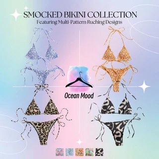 Ocean Mood | Sexy Bikini ชุดว่ายน้ำทูพีช ผ้าสม็อค ทรงเว้าสูง ดีเทลผูกสาย ลายดอกไม้หลากสี ชุดเดินชายหาด
