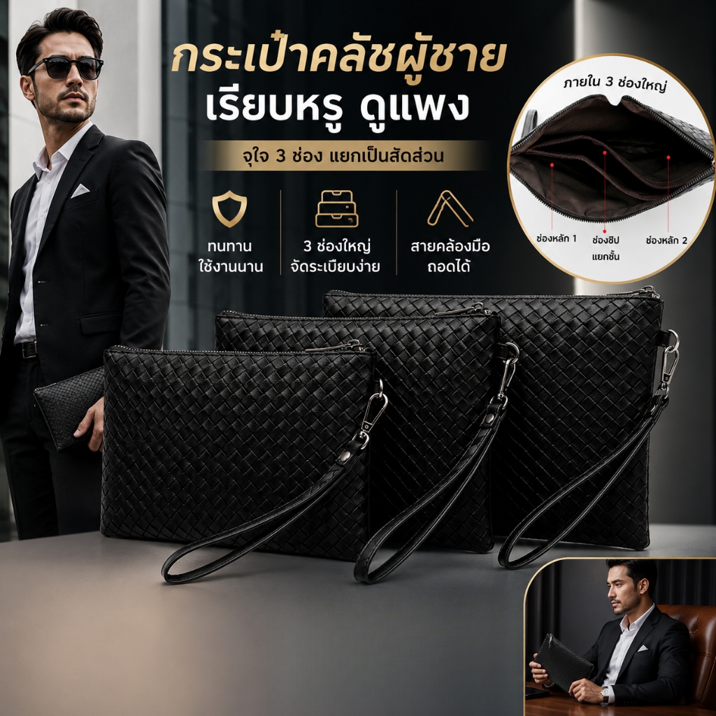 กระเป๋าหนัง PU สำหรับผู้ชาย หนังลายสาน กระเป๋าคลัทช์ผู้ชาย สไตล์หรู ใส่มือถือ กระเป๋าธุรกิจ Men's Clutch Bag พกพาง่าย