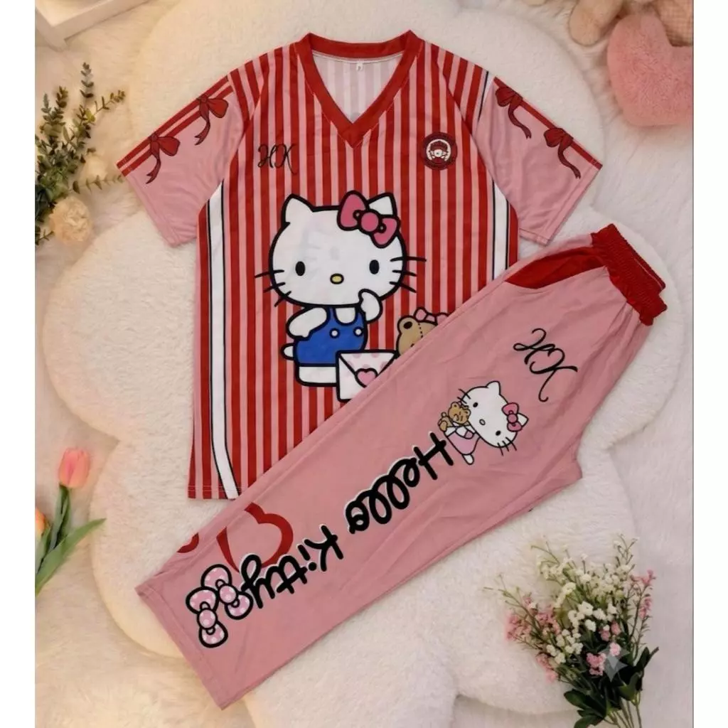 ( Bset70 ) ชุดเซท เสื้อ กก.ขายาว คอวี น้องคิตตี้ 6สี sport ฟรีไซส์