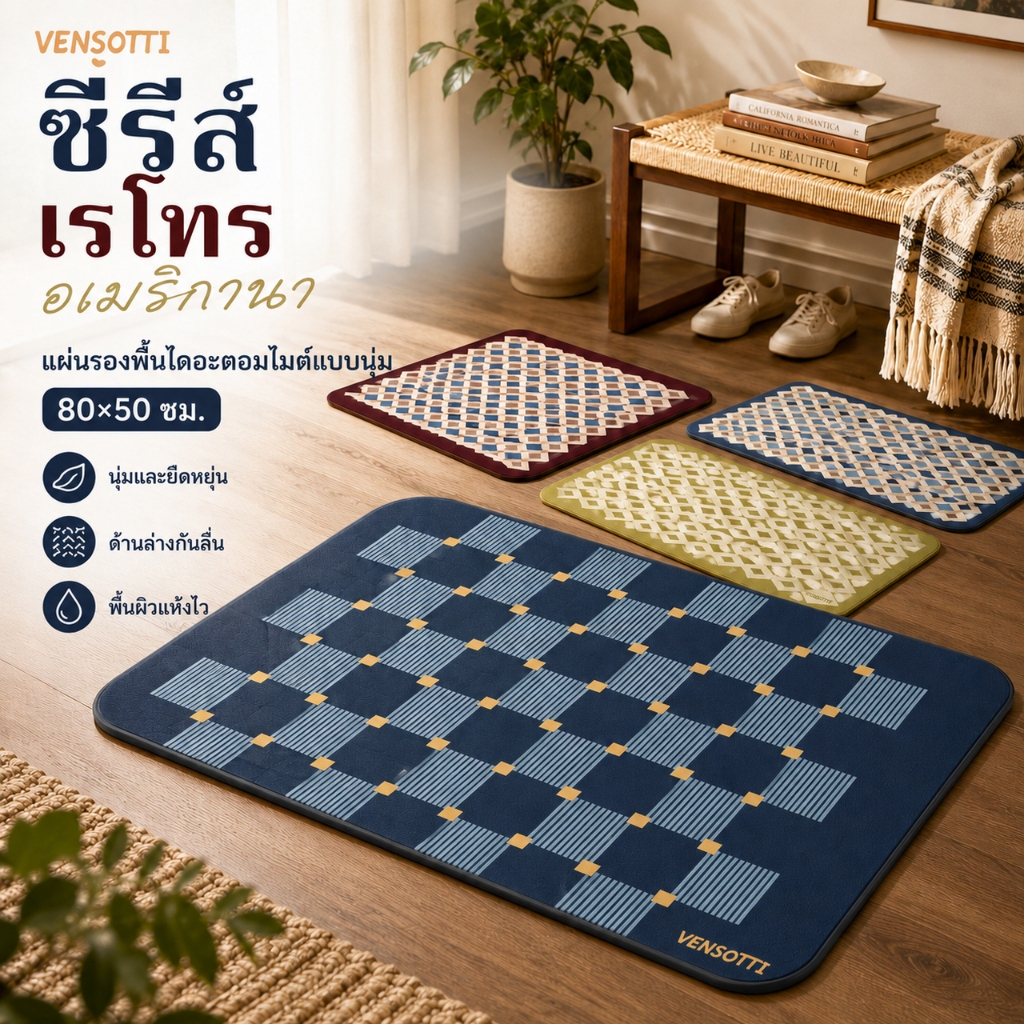 VENSOTTI Retro Americana พรมห้องน้ำไดอะตอมไมต์แบบนุ่ม พรมกันลื่น พรมเช็ดเท้าหน้าประตู ทำความสะอาดง่าย 80x50 ซม.