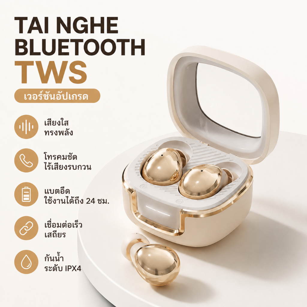 หูฟังไรสาย TWS Bluetooth 6.0 รุ่นหม่ ดีไซน์สวย เสยงคุภาพสูง ไมค์ชัด ENC ลดเสียรบกวน ใชงานฟังเพง ดูหนัง ล่นกม พร