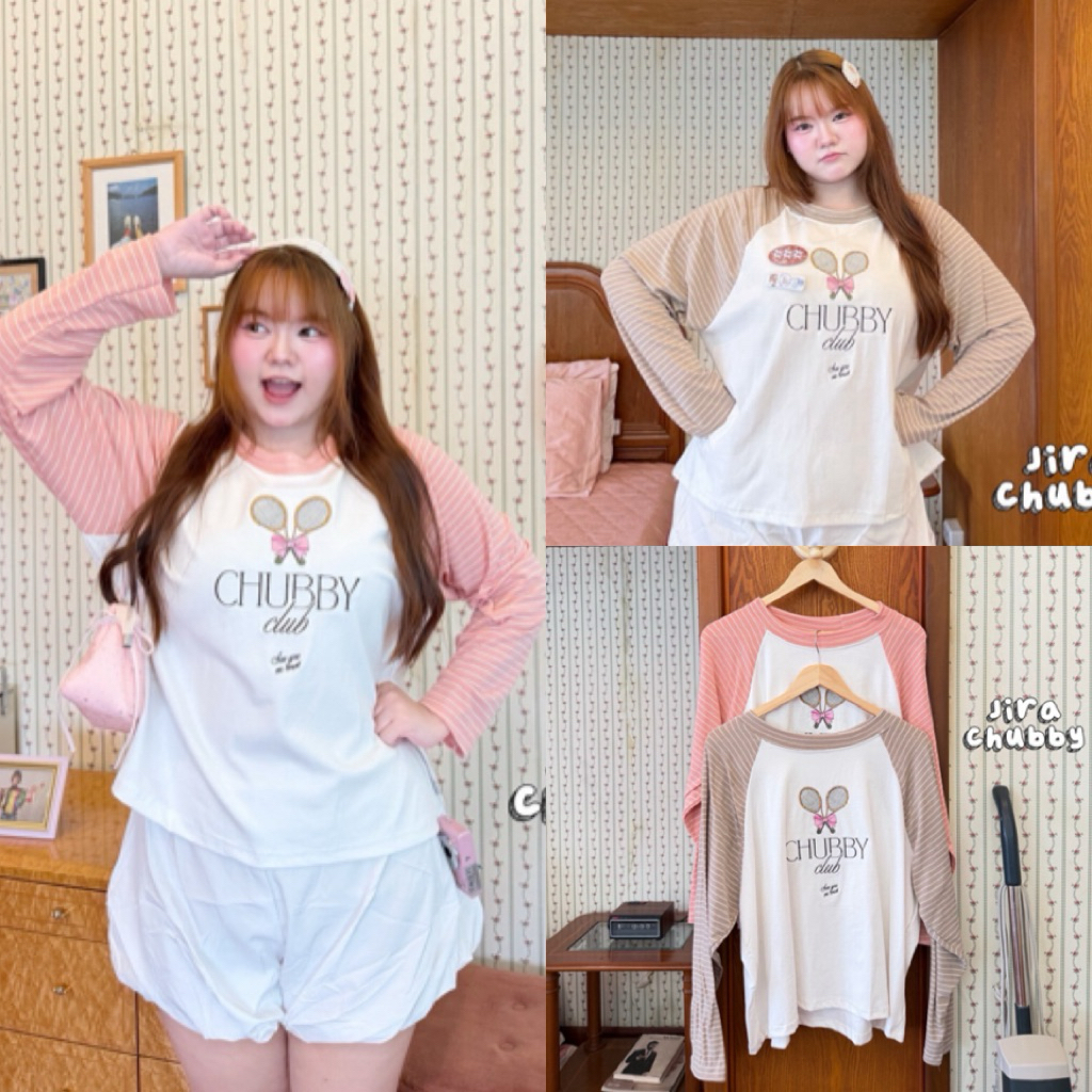 JR เสื้อแขนยาวผ้ายืดยูนิโคล่ ทรง Oversize งานปัก ตัวแขนตัดด้วยผ้าลายริ้ว ไซส์ใหญ่สาวอวบ