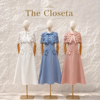 THE CLOSETA : LB649 ชุดเดรสทรงสวยผ้าสูท พร้อมเสื้อคลุมลูกไม้ และเข็มกลัดโบว์