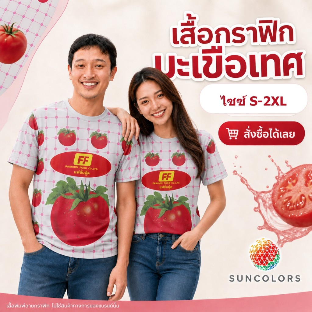 เสื้อกีฬา SUNCOLORS ลายขนมมะเขือเทศ สีแดง ผ้าไมโครโพลีเอสเตอร์ เสื้อทีม Unisex ไซส์ S-3XL