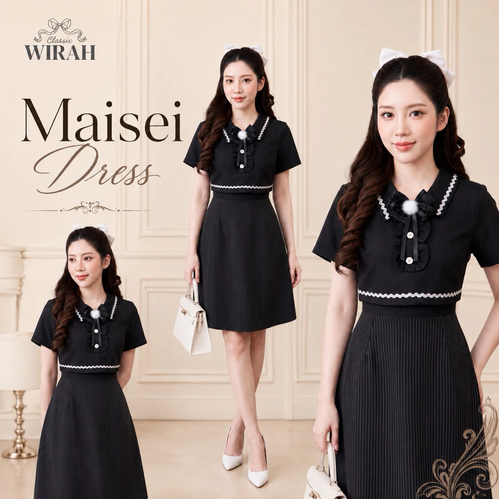 DW500 Maisei Dress ชุดเดรสสั้น ทรงเข้ารูป ท่อนบนเป็นกั๊กงานทรงคร๊อป ปกบัวแหลม พร้อมเข็มกลัดโบ